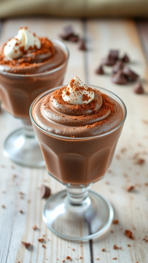 Delicious chocolate mousse in glass cups, topped with whipped cream and cocoa powder on a wooden table.